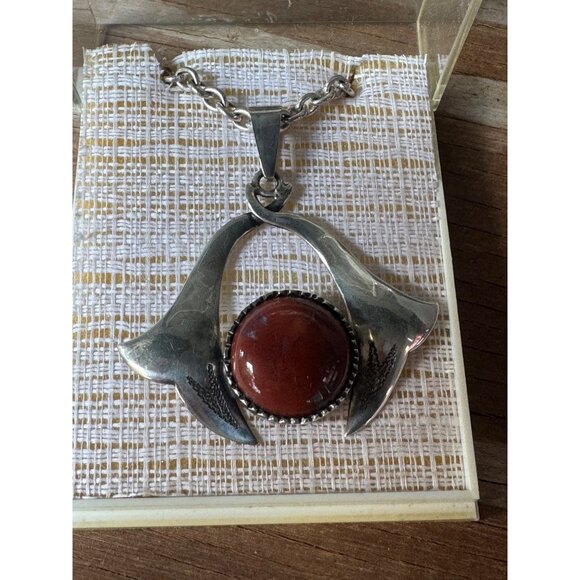 Vintage Silver Necklace With Red Jasper Pendant Floral Design Chain Included Han - Picture 1 of 5